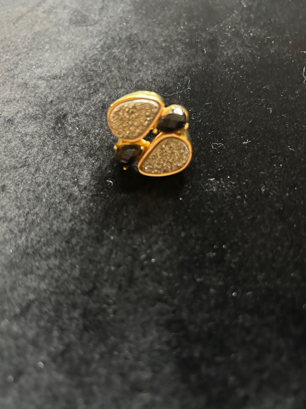 Chunky Gold Plated Sparkly Teardrop Cluster Ring with Black Stones
